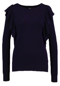 Maglione viola a maniche lunghe realizzato in un tessuto morbido, caratterizzato da dettagli arricciati sulle spalle e un classico scollo rotondo.