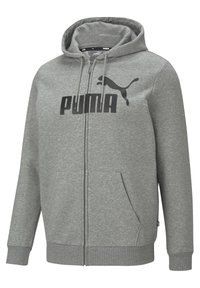 Felpa grigia con zip realizzata in tessuto morbido. Presenta un grande logo nero "PUMA" e tasche a marsupio. Include i lacci per il cappuccio.
