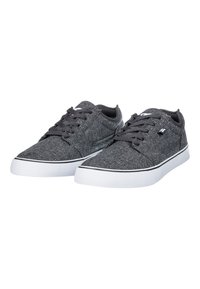 Dark gray sneakers made of textured fabric, featuring black laces, a white rubber sole, and subtle black accents along the edges.