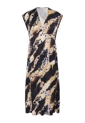 Ujjatlan V-nyakú midi ruha absztrakt fekete, bézs és barna állatmintával, enyhén bővülő szegéllyel.