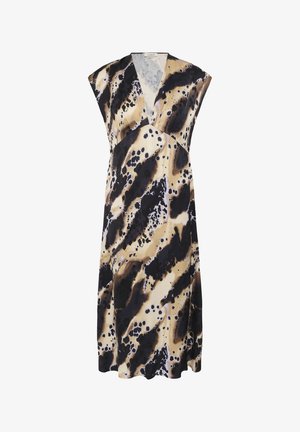 Robe midi sans manches à col en V avec un imprimé abstrait noir, beige et marron évoquant un motif animalier, et un ourlet légèrement évasé.