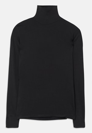 Camisola preta de gola alta de manga longa, feita de um tecido suave, com um design limpo e sem emendas, apresentando um corte reto.