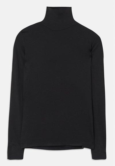 Maglietta a maniche lunghe nera con collo alto realizzata in tessuto morbido, caratterizzata da un design pulito e senza cuciture con una linea dritta.