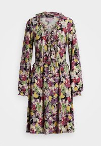 Květinové šaty s volánovým výstřihem, dlouhými rukávy a pružným pasem. Skládají se z fialových, žlutých, zelených a červených vzorů na světlém pozadí.