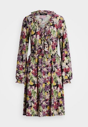 Blumendruckkleid mit gerafftem Ausschnitt, langen Ärmeln und elastischem Bund. Es hat lila, gelbe, grüne und rote Muster auf einem hellen Hintergrund.