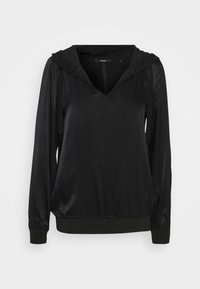 Schwarzer Kapuzenpullover aus glattem, leichtem Stoff. Mit V-Ausschnitt, langen Ärmeln und texturiertem Saum. Einfaches Design ohne Verzierungen.