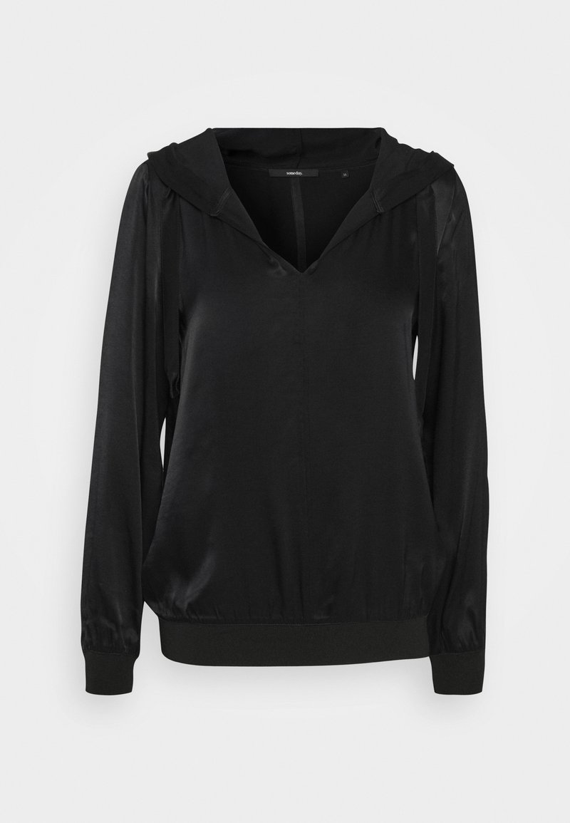 Schwarzer Kapuzenpullover aus glattem, leichtem Stoff. Mit V-Ausschnitt, langen Ärmeln und texturiertem Saum. Einfaches Design ohne Verzierungen.