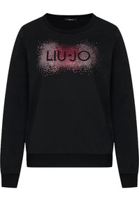 Zwarte sweatshirt met lange mouwen met "LIU•JO" in grote letters omringd door een patroon van roze en witte stippen op de borst.