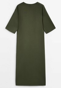 Olive green, knee-length dress with short sleeves, round neckline, and a smooth, matte texture. Simple design without additional embellishments.