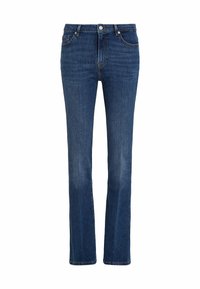Dark blue straight-leg jeans made of denim, featuring a classic five-pocket design and a front button and zipper closure.