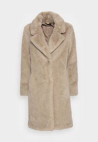 Lysebeige faux fur-frakke med sjalskrave, knaplukning, lange ærmer og en blød, tekstureret finish. Indvendig for i kontrastfarve.