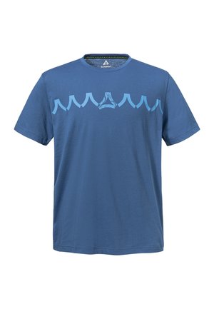 Blaues Baumwoll-T-Shirt mit kurzen Ärmeln, das eine wellenförmige türkisfarbene Musterung auf der Brust und einen gerippten Halsausschnitt aufweist.