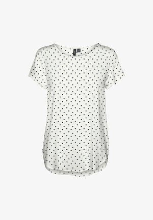 Witte T-shirt met korte mouwen, versierd met marineblauwe stippen, ronde halslijn, zacht stof en een gebogen zoom.