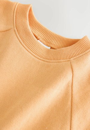 Peach-colored sweatshirt with a ribbed crew neckline and smooth texture. Features raglan sleeves and soft fabric for comfort.