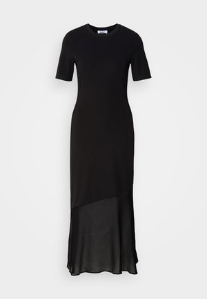 Black maxi dress with a round neckline, short sleeves, and a layered sheer hem. Made of soft fabric, featuring a smooth texture.