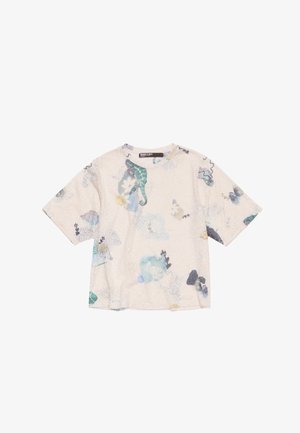 Chemise à manches courtes en tissu beige clair, ornée d'un motif d'éléments aquatiques colorés tels que des hippocampes et des coquillages dans des tons de bleu et de vert.