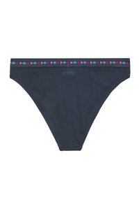 Tamsiai mėlynas bikini apatinė dalis su tekstūruotu raštu, pasižymintis kontrastinga juosta geometrijos formų pink, šviesiai mėlynos ir pilkos spalvos ties liemeniu.