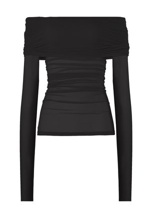 Top nero scollato sulle spalle con maniche lunghe. Realizzato in tessuto elasticizzato arricciato, con silhouette aderente e texture liscia.