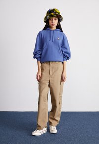 Blue hooded sweatshirt with a front pocket and logo, paired with beige cargo pants featuring side pockets, and white sneakers.
