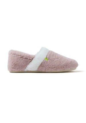 Pantofole morbide e pelose rosa con una fascia di pelliccia bianca. Forma arrotondata, texture soffice e suola leggera, con un piccolo accento verde.