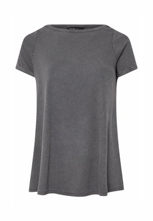 Graues kurzärmeliges Rippenstrickoberteil mit rundem Ausschnitt und leicht ausgestelltem Saum, auf weißem Hintergrund präsentiert.