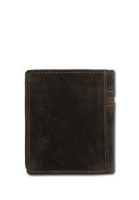 Portefeuille en cuir marron foncé avec une texture lisse, des coutures visibles et une fente latérale pour cartes. Forme rectangulaire compacte.