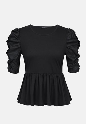 Black short-sleeve top with gathered puff sleeves, round neckline, and a flared peplum hem. Made of soft, stretchy fabric.
