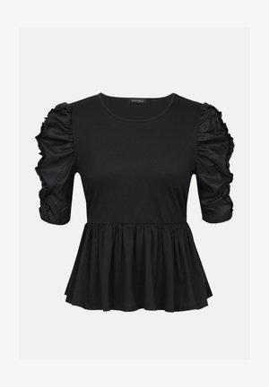Black short-sleeve top with gathered puff sleeves, round neckline, and a flared peplum hem. Made of soft, stretchy fabric.