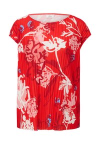 Rode geplooide top met bloemenpatronen in roze en blauw. Korte mouwen, ronde halslijn en lichtgewicht stof.