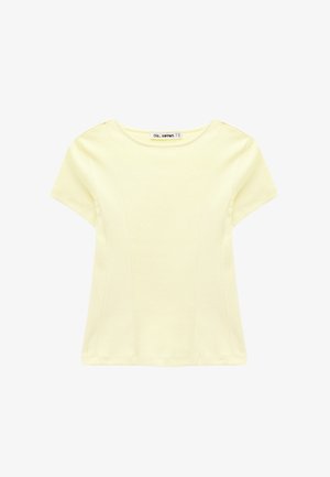 Short-sleeve, pale yellow fitted women's top with round neckline and vertical seam details.
