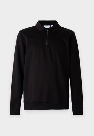 Pull noir à manches longues avec col, fermeture éclair quart sur le devant, et poignets et ourlet côtelés. Tissu doux au toucher lisse.