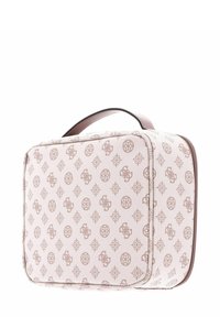 Borsa rosa con superficie texturizzata caratterizzata da motivi geometrici ripetitivi e loghi. Ha una forma rettangolare e un manico superiore.