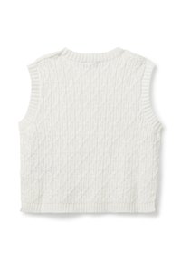 Bílý bezrukávový pletený svetr s copánkovým vzorem a žebrovanými okraji, zobrazený zezadu.