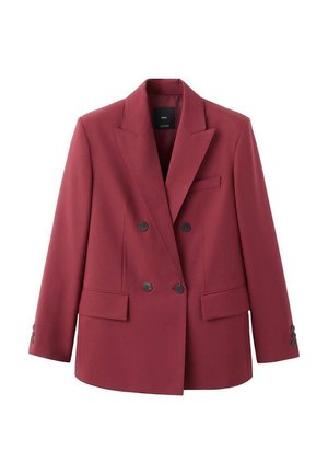 Dubbelgeknoopte blazer in diep bordeauxrood, met reverskraag, twee steekzakken aan de voorkant en zwarte knopen. Gladde stof met een getailleerde pasvorm.