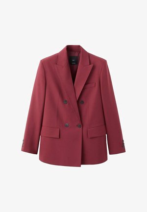 Doppelreihiger Blazer in tiefem Burgunderrot, mit Reverskragen, zwei Vordertaschen und schwarzen Knöpfen. Glatter Stoff mit taillierter Passform.