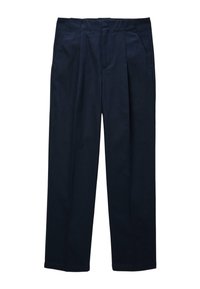 Pantalon bleu marine en coton. Design ajusté avec des plis, deux poches latérales et une silhouette droite. Texture lisse.