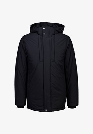 Czarna ocieplana kurtka z kapturem, wyposażona w zamek z przodu, dwie duże kieszenie z przodu oraz elastyczne mankiety, które zapewniają lepsze dopasowanie i ciepło.