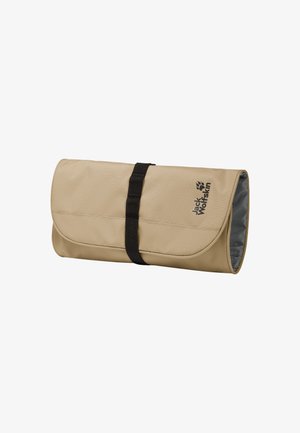 Beige opvouwbare reiskoerorganizer met zwarte sluitriem, met het Jack Wolfskin-logo op de voorklep.