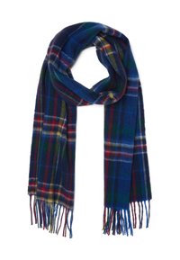 Bufanda a cuadros en tonos navy hecha de un tejido suave, con líneas rojas, verdes y azules, y con extremos con flecos. El diseño incluye un clásico patrón tartán.