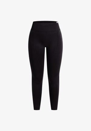Leggings sportivi neri con vita alta, caratterizzati da pannelli laterali testurizzati e un design aderente e slanciato. Realizzati in materiale elasticizzato.