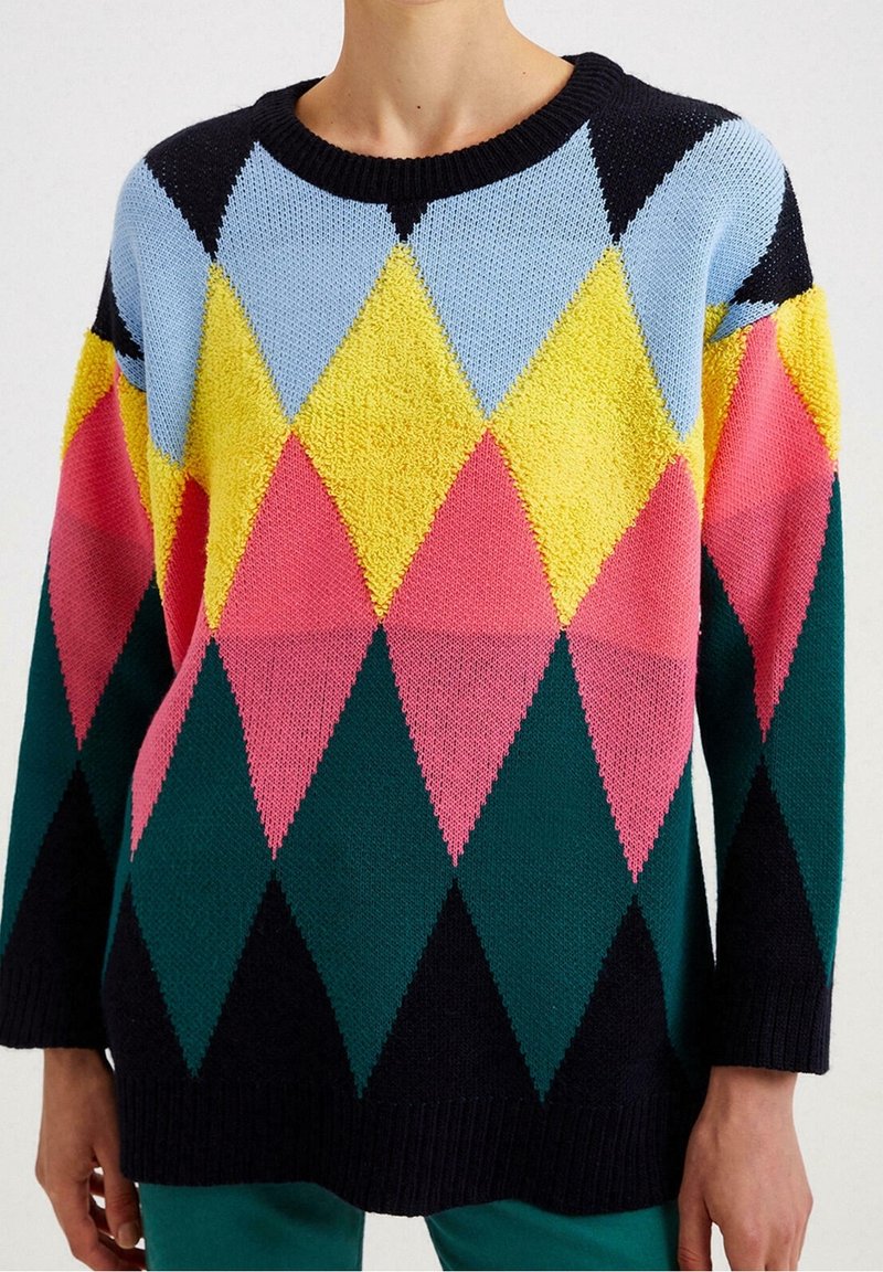 Personne portant un pull à losanges multicolores bleu, jaune, rose, vert et noir avec des manches longues.