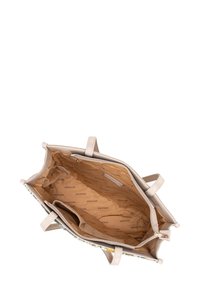 Sac fourre-tout beige avec un design structuré. L'intérieur présente une doublure beige, plusieurs poches et un compartiment zippé pour l'organisation.