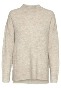 Maglione lavorato a maglia beige chiaro, colletto alto a coste, spalle ribassate, vestibilità rilassata, motivo testurizzato, polsini e orlo a coste.