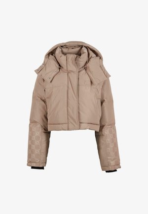Krótkia beżowa kurtka puchowa z wysokim kołnierzem, zatrzaskami oraz wzorzystymi rękawami z tonalnym motywem. Miękka, wyściełana faktura.