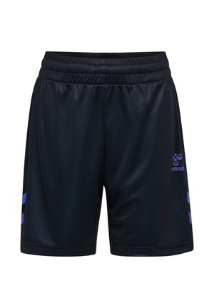 Svarta träningsshorts med elastisk midja. Har lila och blå diagonala ränder på sidorna och en logotyp på nederkanten.