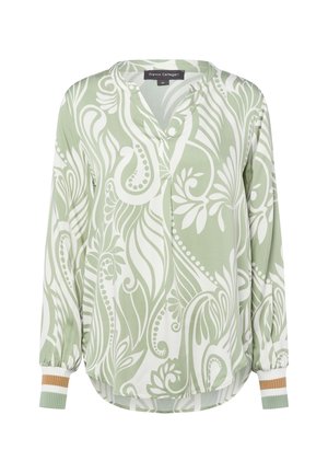 Langärmlige Bluse mit grünem und weißem floralen Wirbelmuster, V-Ausschnitt-Kragen und gerippten Manschetten mit grünen, weißen und beige Streifen.