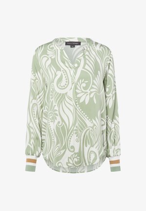 Bluzka z długim rękawem w zielono-białym wzór kwiatowy w spiralę, z dekoltem w serek i prążkowanymi mankietami w zielone, białe i beżowe paski.