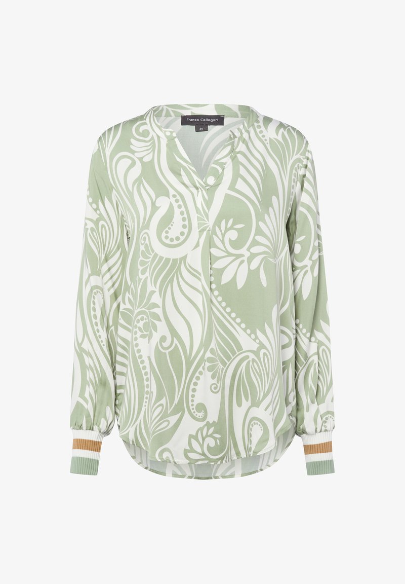 Langärmlige Bluse mit grünem und weißem floralen Wirbelmuster, V-Ausschnitt-Kragen und gerippten Manschetten mit grünen, weißen und beige Streifen.