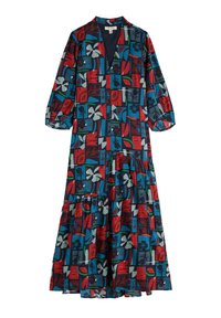 Maxi sukienka w kolorowy kwiatowy i geometryczny wzór. Posiada półdługie rękawy, dekolt w serek oraz falbanisty dół. Wykonana z lekkiego materiału.