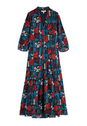 Maxi-jurk in een kleurrijke bloemen- en geometrische print. Heeft half lange mouwen, een V-hals en een gelaagde rok. Gemaakt van lichte stof.